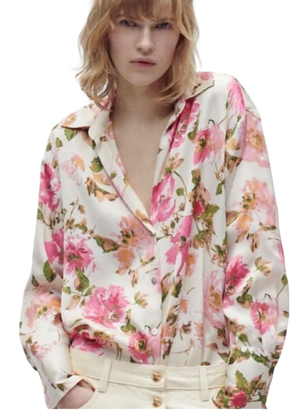 🌺🍃 Zara floral Satin Blouse with Pink Floral Print 🍃🌺